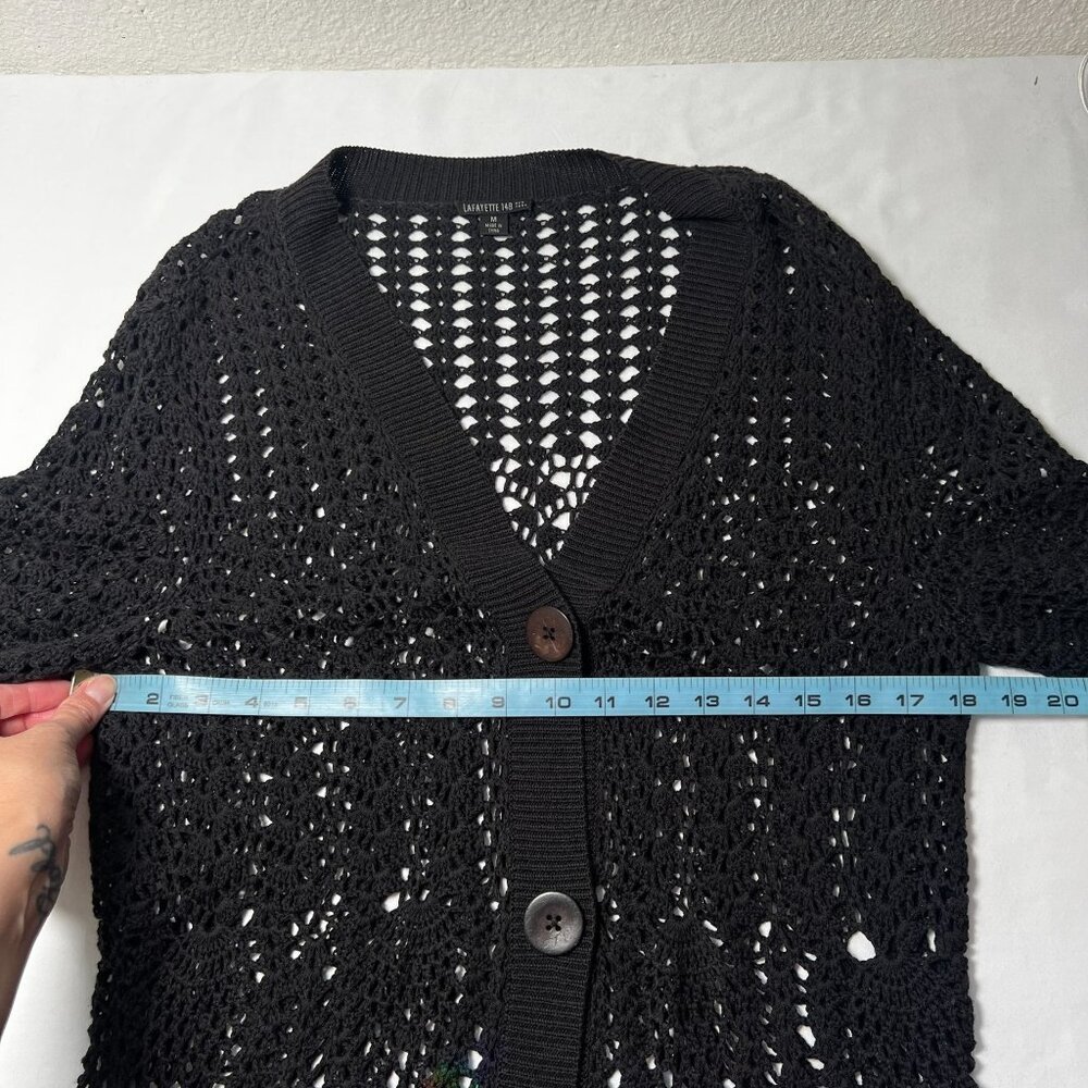Lafayette 148 Open-Knit Cotton-Blend Duster Cardigan Black Longline Sweater Med - Picture 3 of 9